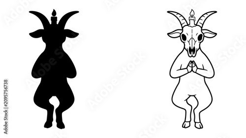 Cuadro en lienzo Goat Skull Iconography: A symbolic depiction of a goat skull with a candle on its head, presented in both silhouette and outline, representing mystery and the occult