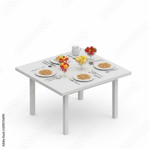 Table setting with plates of cereal and bowls of fruit for breakfast or brunch