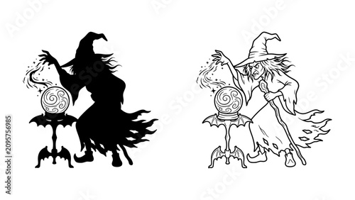 Foto Witch and Crystal Ball: A witch conjures magic from a crystal ball, depicted in both silhouette and line art, evoking mystery and enchantment