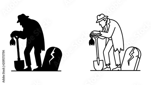 Photos Gravedigger at Work: A silhouetted figure and a line art representation of a gravedigger tending to a broken tombstone, evoking themes of mortality and solemn duty