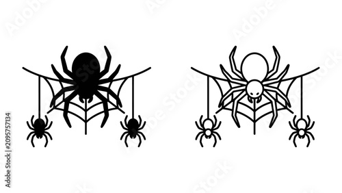 Tableau sur toile Halloween Spiders and Webs: A stylized graphic featuring a large spider on a web with two smaller spiders hanging below, designed for Halloween themes and spooky celebrations