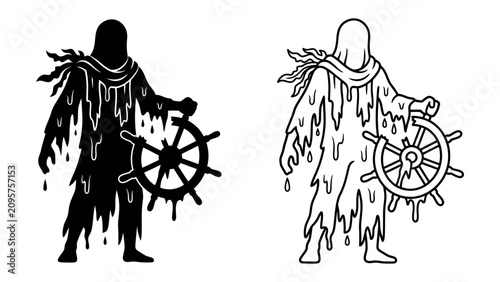 фотографія Ethereal Mariner of the Abyss: A spectral figure, dripping with dark liquid and adorned with tattered cloth, stands resolute with a ship's helm