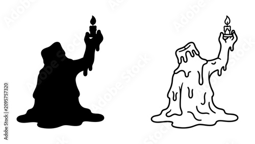 Tableau sur toile Melting Candle Figure Holding Flame: An eerie and evocative image of a melting candle figure, in both silhouette and outline, holding a single lit flame aloft, symbolizing transformation or despair