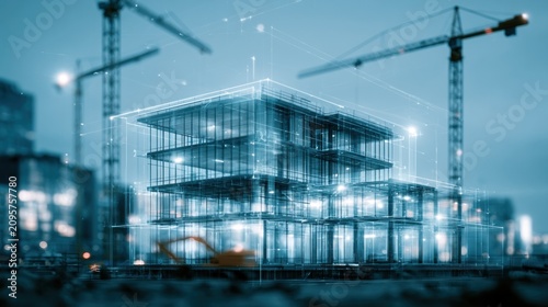 Modern building construction with cranes and blueprint overlay