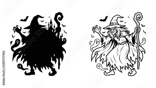 Εκτύπωση καμβά Halloween Witch Silhouette and Illustration: A spooky witch illustration and its solid black silhouette, complete with a pointy hat, tattered robe, staff, and surrounded by bats and ghosts