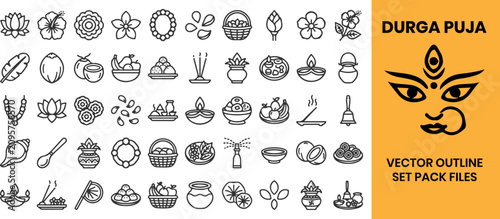 Photos Durga Puja festival celebration icon set with traditional religious items and sa
