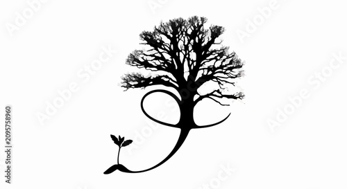 Symbolic representation of growth from a small sprout to a mature tree, symbolizing life and development.