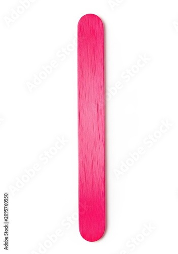A vibrant pink wooden craft stick isolated on a clean white surface, showcasing its smooth texture, straight edges, and bright neon color, colorful, object, craft