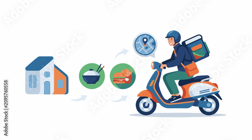 Courier on scooter delivers food to a house