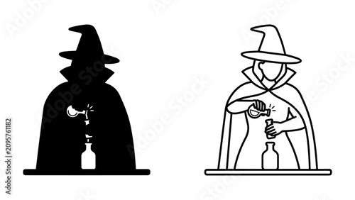 Obraz na plátně Wizard Potion Brewing: A wizard, depicted in both silhouette and line art, wears a pointed hat and cape, intently brewing a potion in small bottles, with magical sparks flying