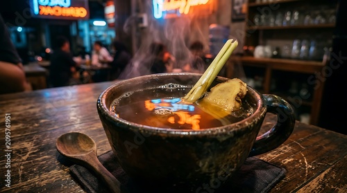 Close up of traditional ramen noodle bowl with chopsticks.