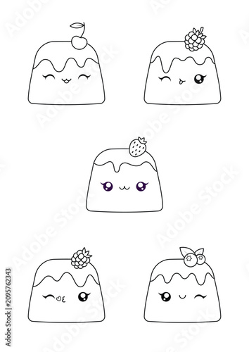 Cute Berry Pudding Coloring Page Printable Worksheet for Kids with Strawberry, Cherry, Blueberry, Blackberry and Raspberry Desserts