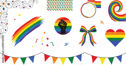 Bild auf Leinwand Rainbow pride graphics, colorful decorative elements with flags hearts ribbons a