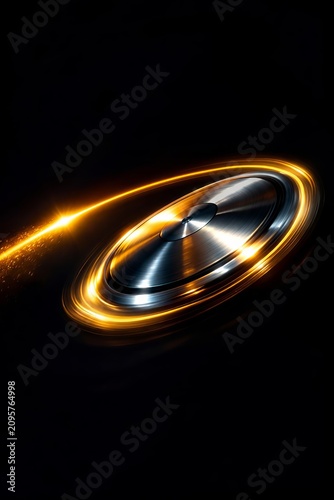 Spinning Metal Disk With Glowing Velocity Motion, Abstract Industrial Energy, Friction Sparks And Dynamic Technology, Circular Chrome Surface On Black Background