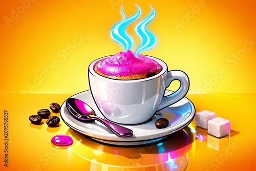Surreal Pop-Art Cappuccino: Vibrant Magenta Steaming Espresso, Modern Graphic Beverage with Luminescent Neon Steam, Caffeinated Coffee Cup with Sugar Cubes and Beans on a Bright Yellow Background