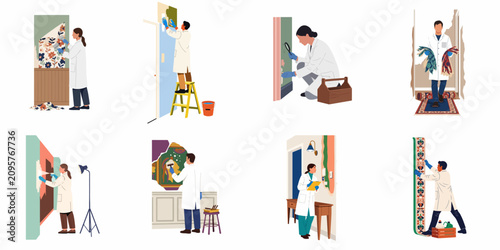 Foto Professional restorers and conservators working on historical interiors, including wallpaper, murals, textiles, and antique surfaces for preservation and maintenance
