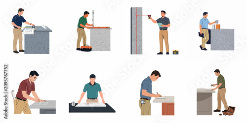 Konstfotografi Illustrations of professional contractors and stone fabricators measuring, planning, and preparing granite countertops for construction and interior design projects