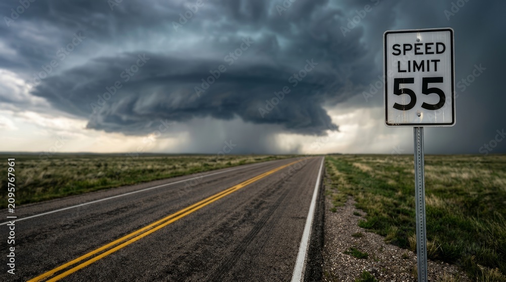 Obraz premium A vast storm forms above an empty road, with a speed limit sign and moody clouds, creating a dramatic scene.