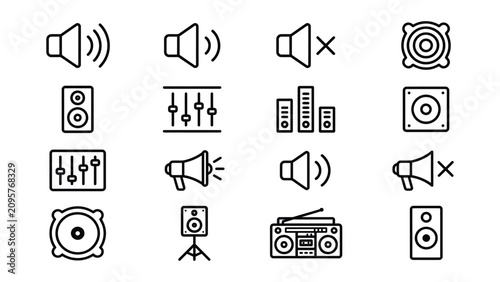 Photos Black line icons of various audio equipment and speakers on white