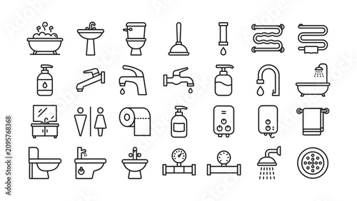 Konstfotografi Black line icons of bathroom fixtures and plumbing