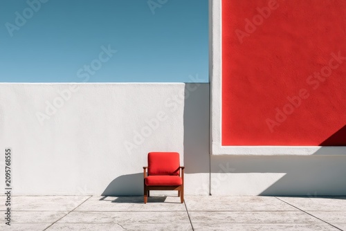 Red armchair furniture standing against textured walls in a modernist geometric courtyard for high-end interior design marketing