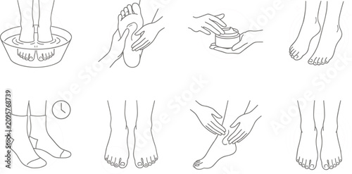 Tableau sur toile Foot care routine instruction guide vector outline icon set with soaking massage