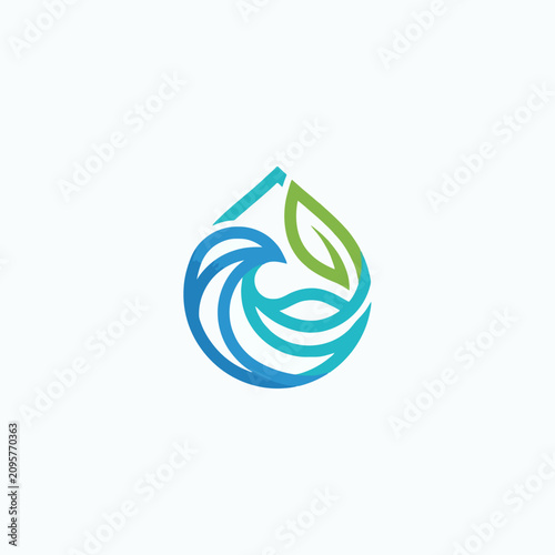 Eco water drop icon with wave and leaf.