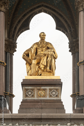 Prince Albert Memorial gilded statue beneath Gothic canopy in Kensington Gardens, London, UK