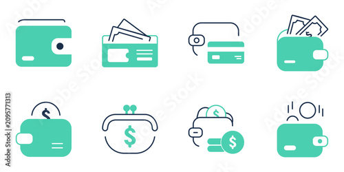 Fotografía Wallet icon set collection featuring open, closed, cash bills, credit card, coin