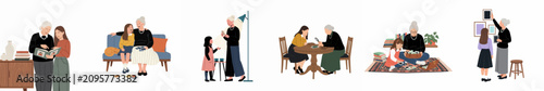 Set of illustrations showing a grandmother and granddaughter bonding over family memories and photographs at various stages of life.