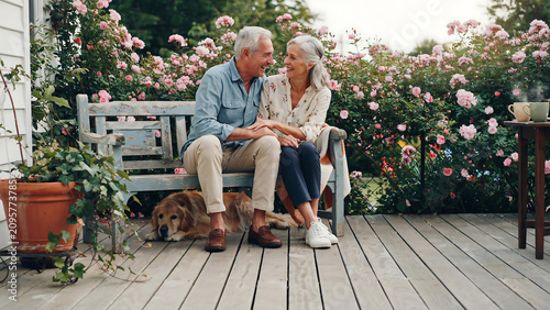 Senior couple relaxing together on a wooden bench with their dog