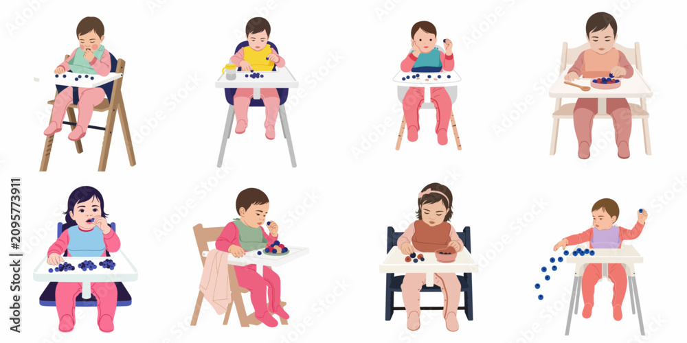 Fototapeta premium Collection of baby illustrations sitting in high chairs and eating blueberries, depicting infant self-feeding, weaning, and healthy snacking on a white background.