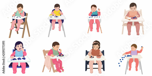 Collection of baby illustrations sitting in high chairs and eating blueberries, depicting infant self-feeding, weaning, and healthy snacking on a white background.