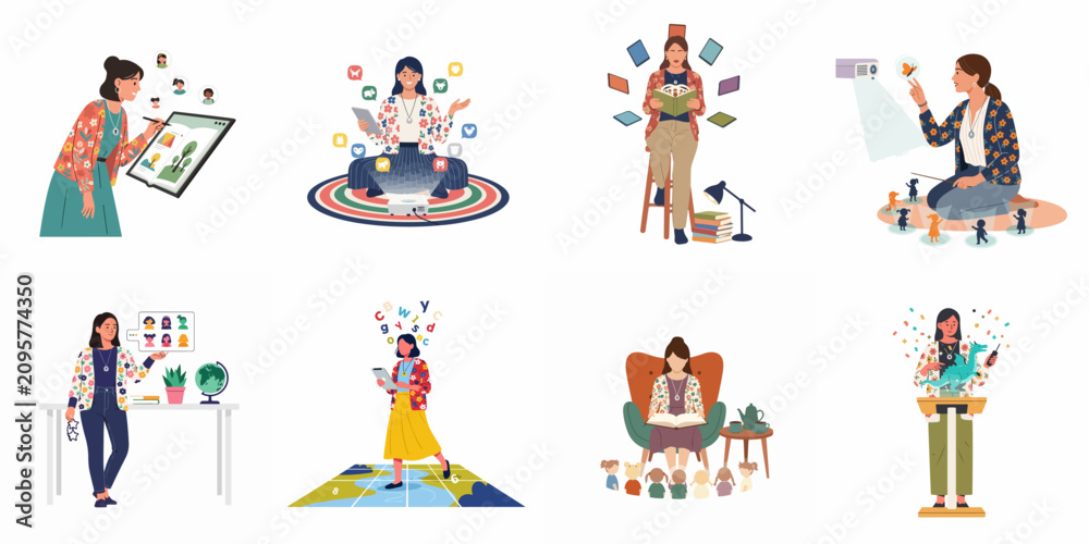 Fototapeta premium Vector Illustration Collection of Women Educators and Students Engaging in Innovative Digital Learning and Storytelling Activities.