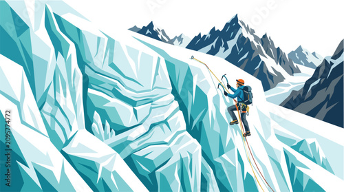 A lone mountaineer climbing a steep icy glacier slope.