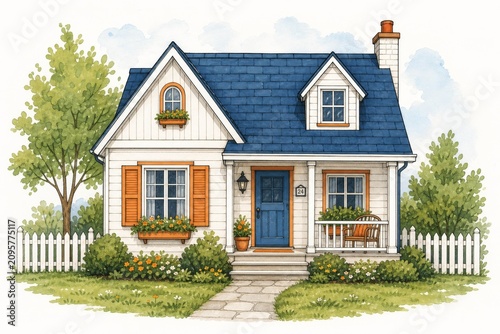 Charming Home Illustration with Blue Roof Garden