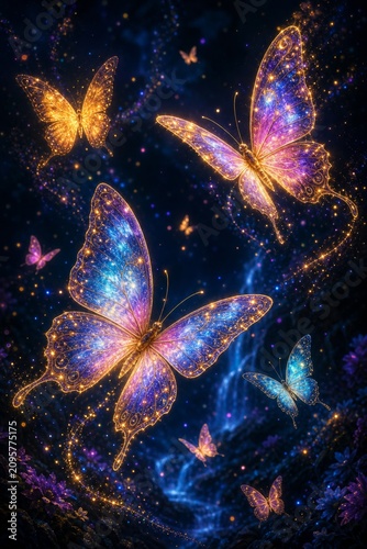 Glowing Fantasy Butterflies in Starry Night