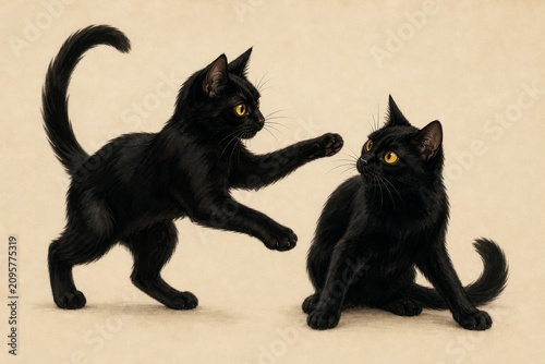 Black Cats Playful Interaction Minimalist Art