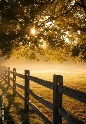 Golden sunlight filters through autumn leaves during a cool morning as mist rises from the ground near a rustic wooden fence in a field, chilly, foggy, golden