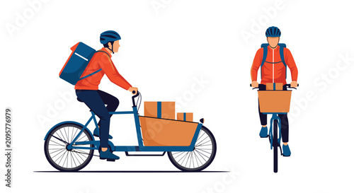 Professional delivery courier riding a blue cargo bicycle with cardboard boxes, shown in front and profile view.