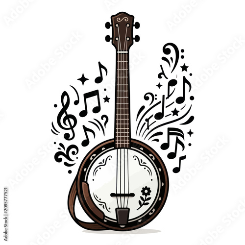 Konstfotografi Acoustic banjo illustration with musical notes.