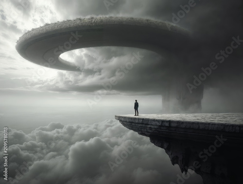Lone Figure on a Dramatic Stone Platform Over Clouds