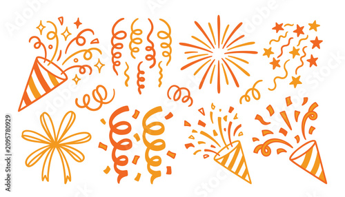 Fotografie Orange confetti party popper vector doodle set