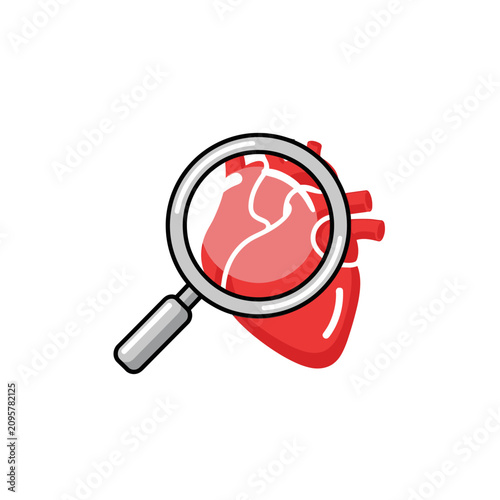 Human heart organ under a magnifying glass for medical checkup