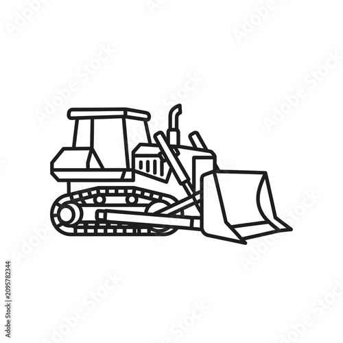 Industrial bulldozer crawler tractor line art icon for construction projects