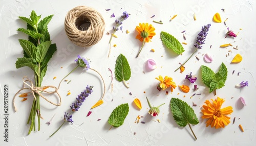 Fresh Herbs and Flowers Bundle with Twine and Bright Petals on White Surface