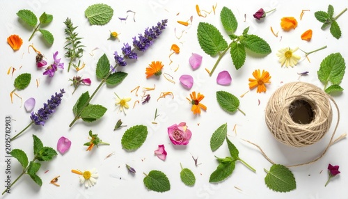 Colorful Fresh Flowers and Leaves Arranged with Jute Twine on White Background
