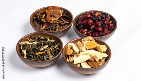 Assorted Dried Herbs and Roots in Brown Bowls