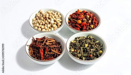 Colorful Assorted Tea Leaves and Nuts in White Bowls