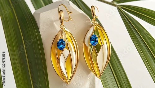 Elegant Gold Teardrop Earrings with Blue Gem in Leafy Setting